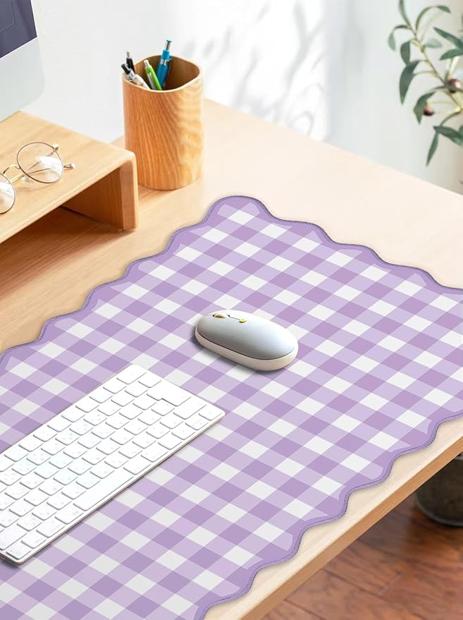 Scalloped‌ Purple Checkered Gingham Desk Mat Cute Pastel Large Mouse Pad Kawaii - Image 3