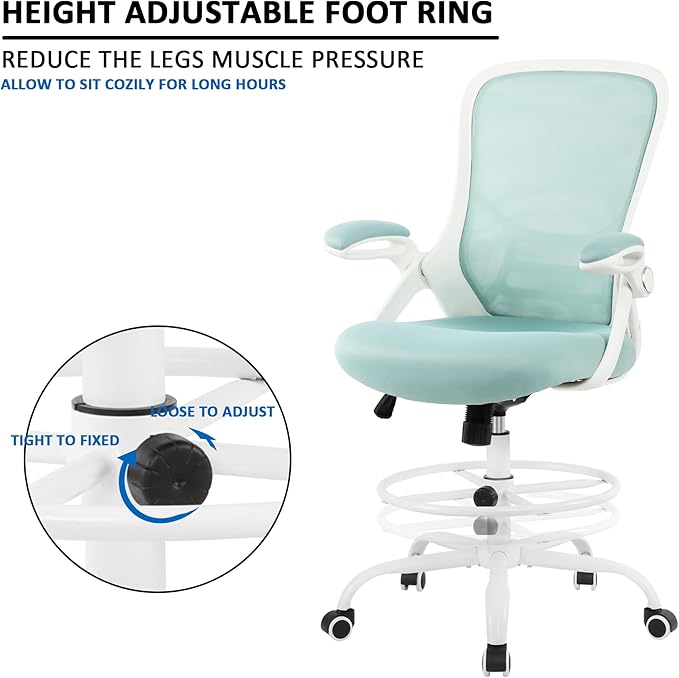 HYLONE Drafting Chair Tiffany Blue, Tall Office Chair Standing Desk Stool with Adjustable Height, Foot Ring, Flip-Up Arms, Mesh High-Back Office Chair, White-DeskLoop Office