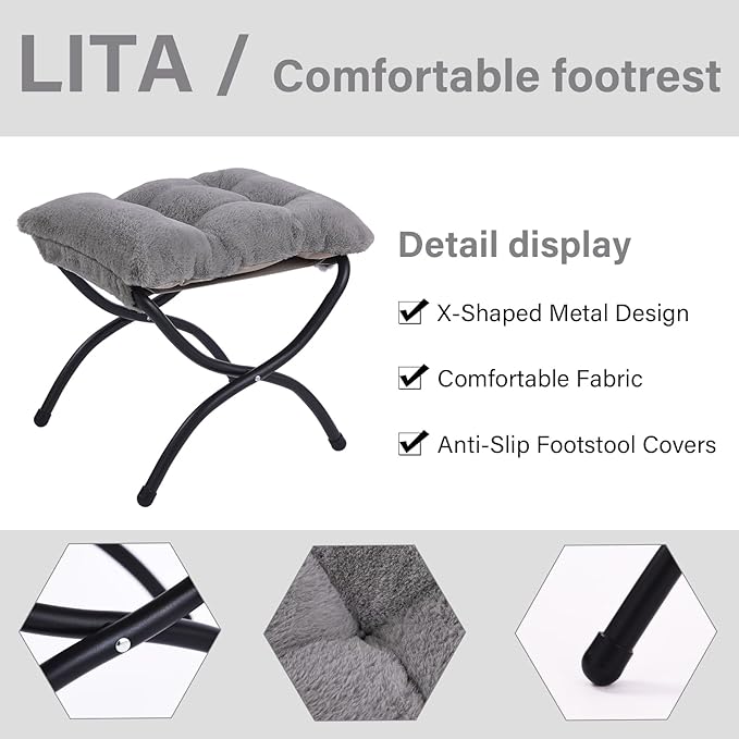 LITA Folding Upholstered Footrest Stool, Modern Small Portable Accent Ottoman with Detachable Thick Cotton Cushion Padded Sofa Stool with Metal Frame for Lazy Chair, Living Room & Bedroom, Plush Grey-DeskLoop Office