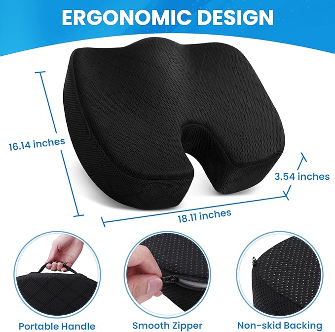 TushGuard Seat Cushion, Office Chair Cushions, Car Seat Cushion, Non-Slip Sciatica & Back Coccyx Tailbone Pain Relief Chair Pad for Computer Desk, Wheelchair, Driving (Black, X-Large)-DeskLoop Office