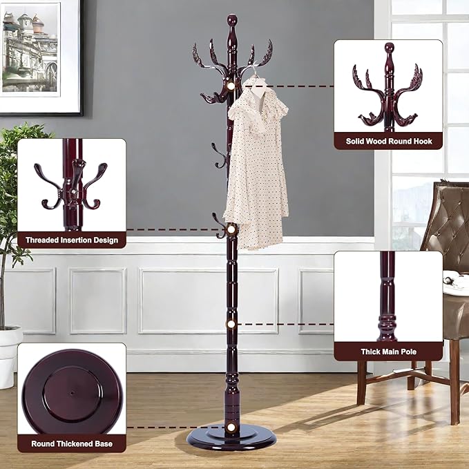 Solid Wood Coat Rack – 72" Freestanding Coat Racks Stand with 14 Hooks & Stable Base, Adjustable Height Modern Wooden Hall Tree for Entryway, Bedroom, Office, Home (Mahogany Phoenix Hook)-DeskLoop Office