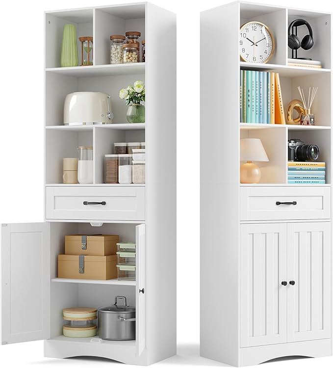 Gizoon Storage Cabinet, 71'' H Kitchen Storage Cabinet with Doors & Drawers, Kitchen Pantry with Adjustable Shelves, Anti-tip, Metal Handle, for Living Room, Office, Bathroom, White-DeskLoop Office