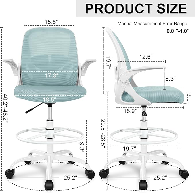 Primy Drafting Chair Tall Office Chair with Flip-up Armrests Executive Ergonomic Computer Standing Desk Chair with Lumbar Support and Adjustable Footrest Ring（Light Blue）-DeskLoop Office