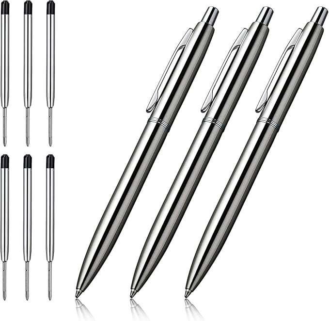 ChaoQ 3 Pcs Retractable Metal Ballpoint Pens, for Gift, Business, Office, 1.0mm Medium Point Black Ink, 6 Extras Replaceable Metal Refills - Stainess Steel-DeskLoop Office