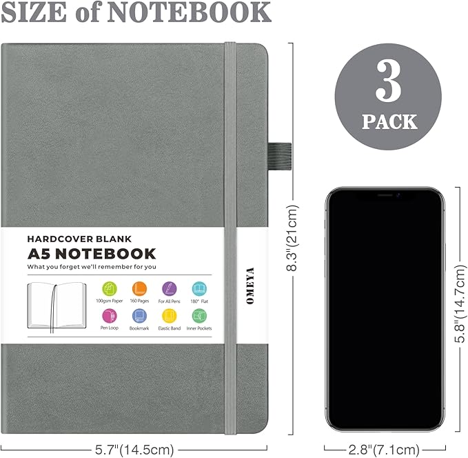 Blank Journal Notebook, 3 Pack A5 Sketch Book, Hardcvoer Sketchbook for Drawing with 100GSM Thick Paper, Leather Journal for Writing, Unlined Journal for Women, Men, School, 160 Pages, 5.7" x 8.4"-DeskLoop Office