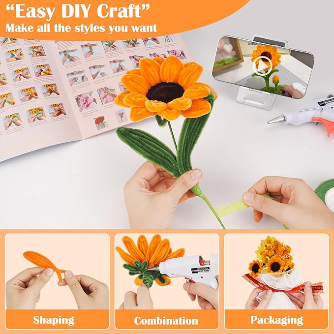 500 PCS Pipe Cleaners Craft Kit for Flower Making Sunflower DIY Material Bundle with 20 Stems, 100 Stamens, Ribbon, Tulle, Glue Sticks & Step-by-Step Guide Vibrant Colors, Non Shedding, FadeResistant-DeskLoop Office