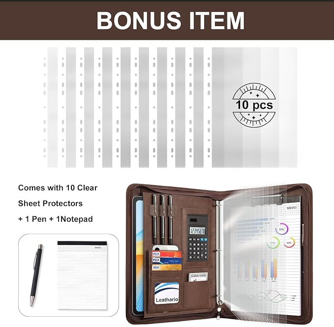 Leathario Portfolio Binder, 3-Ring Folder Organizer, Includes 10 Sheet - Image 2