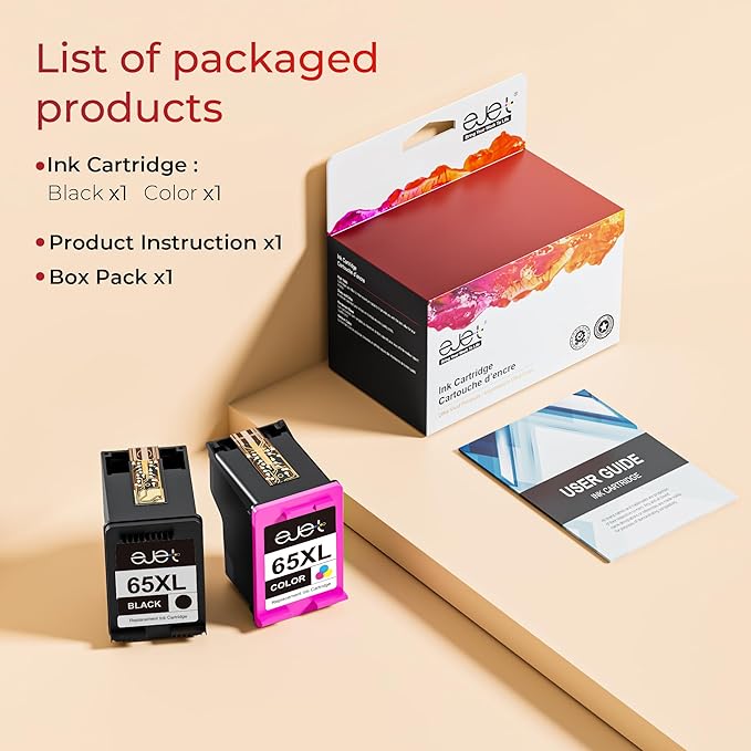 65XL Ink Cartridge Black/Color Combo Pack Replacement for HP 65XL High Yield Works with HP DeskJet 3752 3755 3700 3772 2655 2652 2622 Envy 5010 5012 5055 5052 AMP 100 Printer,Black, Tri-Color, 2-Pack-DeskLoop Office
