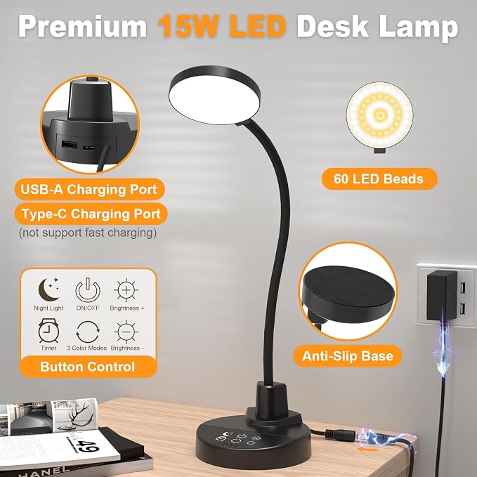 15W LED Desk Lamp with USB Charging Ports – Dimmable Table Lamp with 3 Color - Image 8