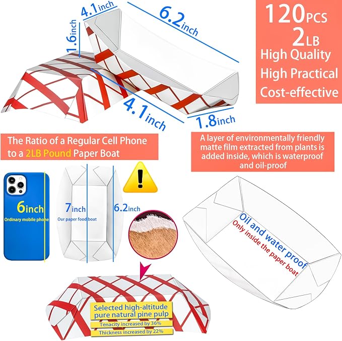 120 Pack 2Lb Paper Food Boat Trays Disposable Paper Boats Containers, Checkered - Image 2