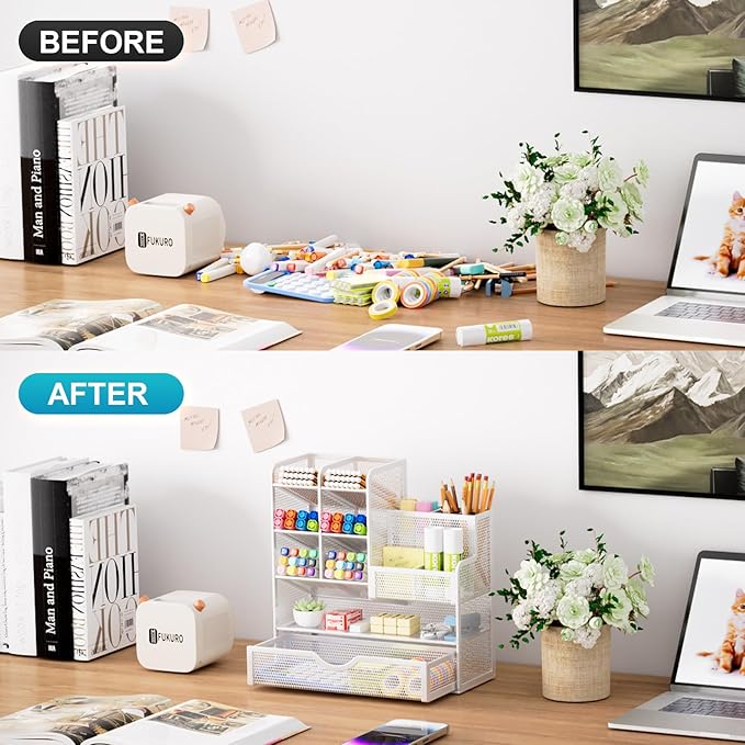 Marbrasse Mesh Pen Holder for Desk, Multi-Functional Pencil Organizer with Drawer, Desk Organizers and Accessories for Office Art Supplies (White)-DeskLoop Office