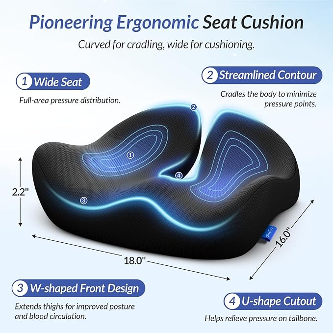 ZIKEE Pioneering Seat Cushion for Pressure Relief, Ergonomic Office Chair Cushion for Sciatica, Back, Hemorrhoids & Tailbone Pain Relief, High-Density Memory Foam Car Seat Cushion with Anti-Slip Base-DeskLoop Office