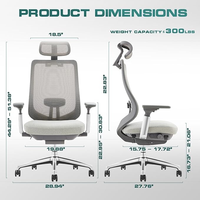 COLAMY Ergonomic Mesh Office Chair, High Back Computer Executive Desk Chair with Adjustable Headrest and 4D Arms, Slide Seat, Tilt Lock-Light Grey-DeskLoop Office