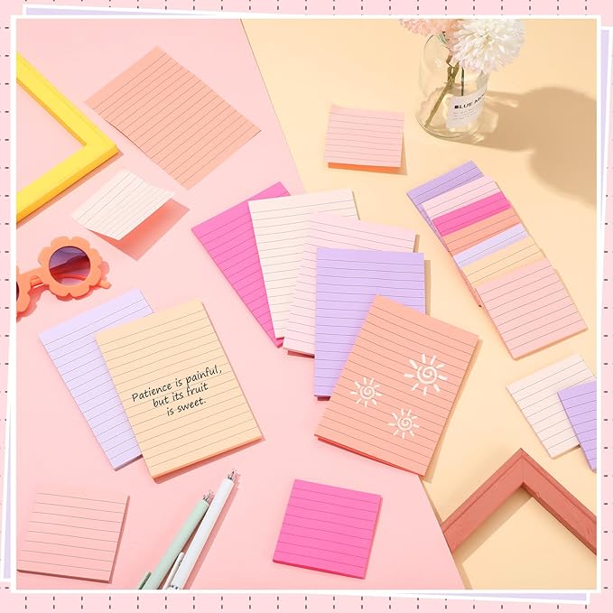 Yexiya 64 Pcs Lined Sticky Notes Self Stick Notes with Lines Bright Assorted Colors Sticky Pad for Home Office Products Post Memos, 1920 Sheets(4 x 6 Inch, 3 x 3 Inch,Fashion Color)-DeskLoop Office