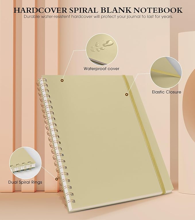 Blank Spiral Notebook Journal 8.5” x 11”, A4 Large Sketch Book for Women Men, 100 GSM Blank Paper Drawing Notebook, Plastic Hardcover Spiral Bound Sketchbook for Sketching Work School Writing, Yellow-DeskLoop Office