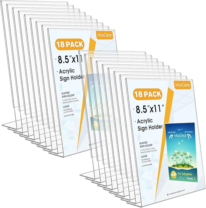 MaxGear Acrylic Sign Holder, 8.5 x 11 Slant Back Display Stand, 18 Pack | Clear by MaxGear