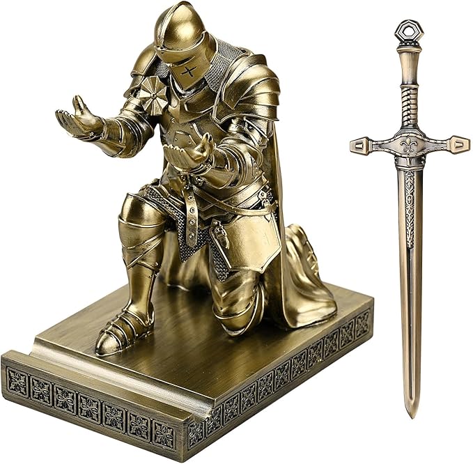 Medieval Armored Warrior Wearing Outerwear, Mobile Phone Stand Knight Pen Holder Desk Organizers, Resin Bookends Paperweight with a Letter Opener for Desk (Bronze)-DeskLoop Office