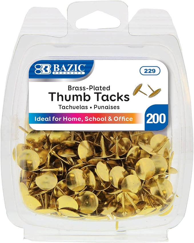 BAZIC Products Thumb Tacks, Brass Gold, 200 Ct, 24-Box | sharp steel points by BAZICProducts