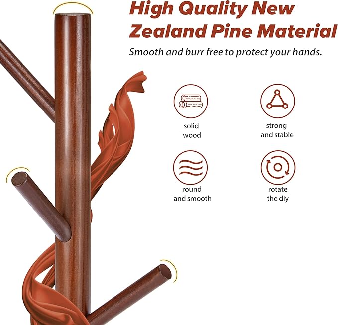 Wooden Coat Rack, Free Standing Coat Rack with 8 Hooks 3 Adjustable Heights for Clothes, Hats, Handbags, Coat Tree Easy Assembly for Entryway, Bedroom, Hallway, Office (New Brown)-DeskLoop Office