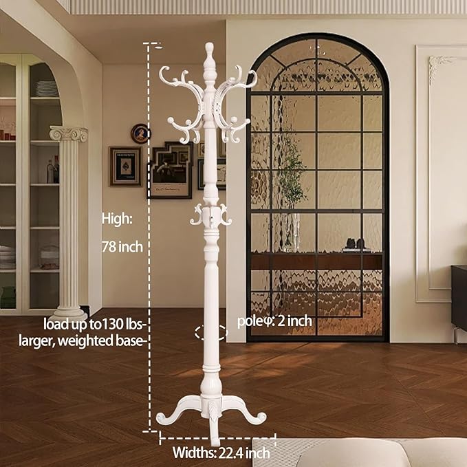 Wooden Coat Racks, Retro 78" Coat Tree with 12 Hooks & Stable Triangular Base, Entryway Coat Rack Freestanding for Hat, Clothes, Scarves, Handbags, Umbrella (Ivory)-DeskLoop Office