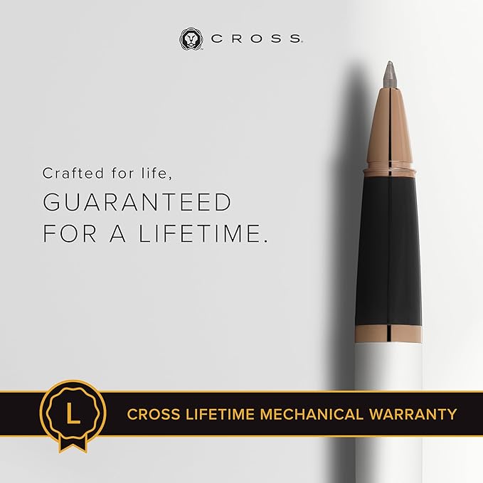 Cross Bailey Refillable Rollerball Pen Presented in a Premium Gift Box - Medium Point, Black Ink, White & Rose Gold-DeskLoop Office