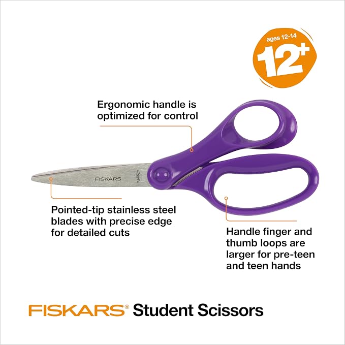 Fiskars 7" Student Scissors for Kids Ages 12-14, Scissors for School or Crafting - Image 2