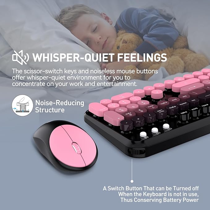 Wireless Keyboard and Mouse Combo, 2.4 GHz Wireless Full-Sized Typewriter Keyboard with Round Keycaps for Windows, Computer, Desktop, PC, Laptop (Pink)-DeskLoop Office