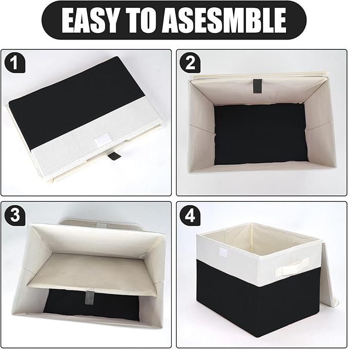 Large 22 Quart Linen Fabric Foldable Storage Bin Cube Organizer Basket with Flip-Top Lid & Handles, Clothes Blanket Box for Home, Office, Closet, Black & White, 4 Pack 14.6 x 9.5 x 9.5-DeskLoop Office