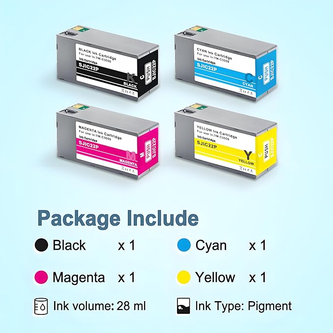 SJIC22P Pigment Ink Cartridge Kit Remanufactured Replacement for Colorworks TM-C3500 TM-C3510 TM-C3520 (C33S020577, C33S020581, C33S020582, C33S020583)-DeskLoop Office