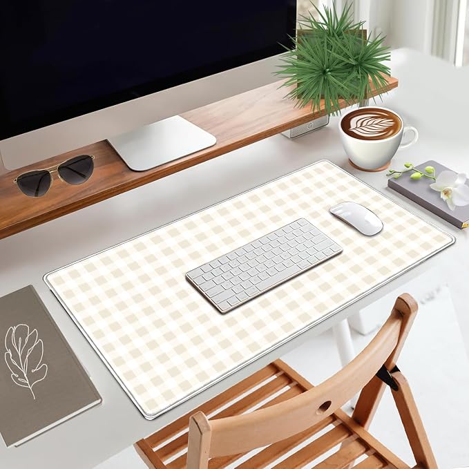 Beige Checkered Gingham Desk Mat Pad XXL Large Mouse Pad Anti-Slip Big Mousepad - Image 3