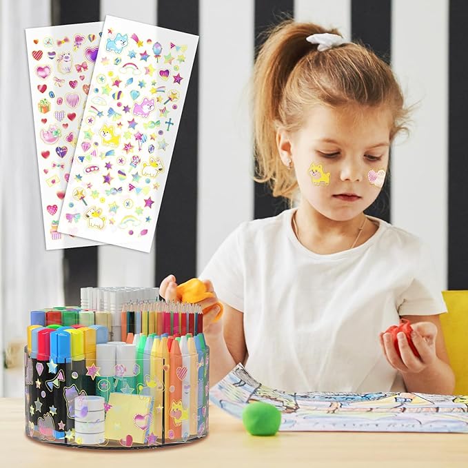 Acrylic Pen Holder with 2 Adhesive DIY Stickers, Desk Organizer Marker Holder with Cute Sticker, 360 Degree Office Supply Organizer Clear Pencil Holder Kid Art Supply Storage Organizer 6 Compartments-DeskLoop Office