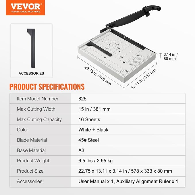 VEVOR Paper Cutter, Guillotine Trimmer, 16 Sheets Capacity, Heavy Duty - Image 7