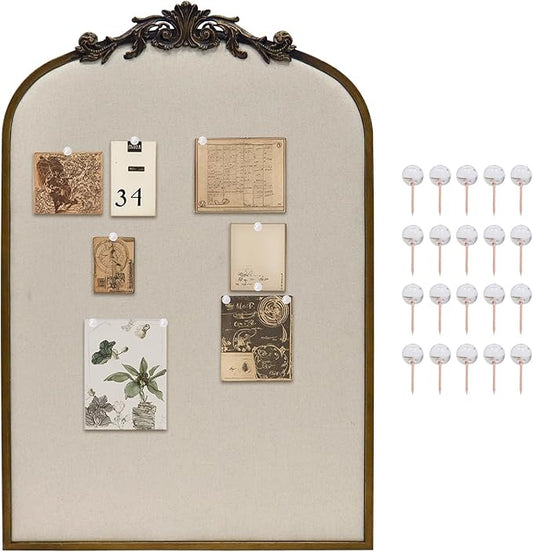Arch Fabric Pinboard, Antique Gold Bulletin Boards 24"x36", Vintage Cork Board with Ornate Iron Frame for Wall Unique Display, Organization and Decor Options-DeskLoop Office