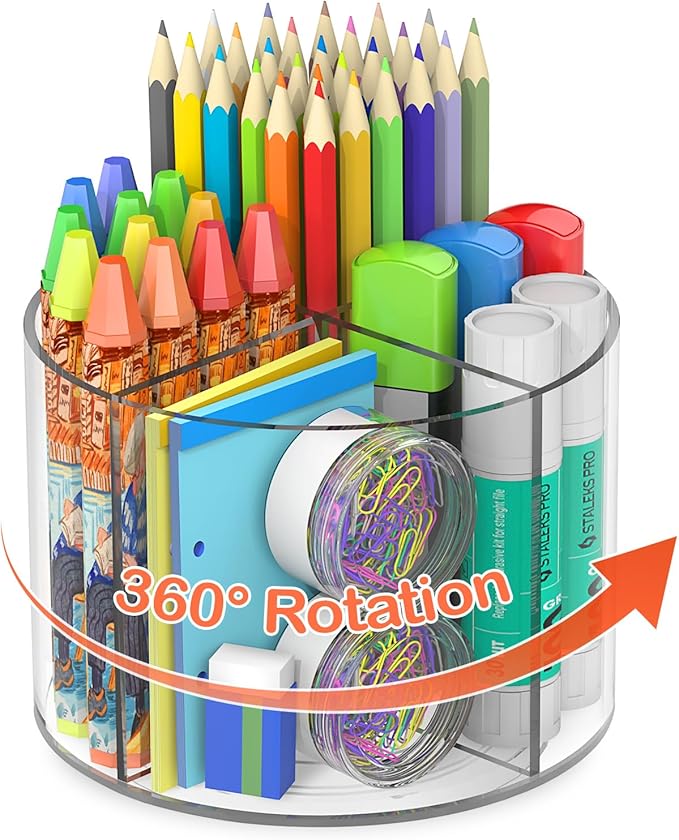 Acrylic Pen Holder, 360 Degree Marker Organizer for Desk, Rotating Desk Storage With 4 Compartments, Art Supply Crayon Holder for Office School Home, Clear-DeskLoop Office