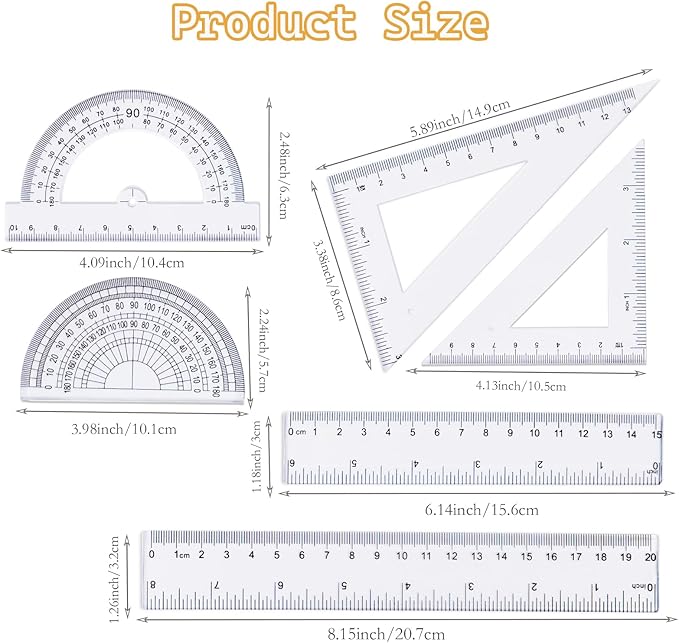 Geometry Set, 6-Piece Clear Plastic Math Ruler, Drafting Ruler Kit Includes Protractor, Triangle Ruler, Straight Ruler-Math Measurement Tools for Students, School and Office Supplies-DeskLoop Office