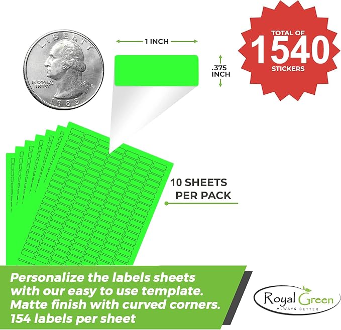 Neon Green Sticker Label Sheets Bulk Printable Paper Labels 1 inch x 0.375 inch - Image 2
