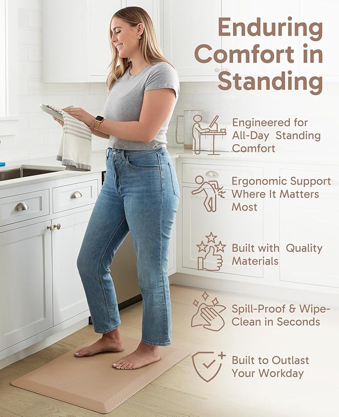 Ophanie Kitchen Mats for Floor, 3/4 Inch Thick Kitchen Rugs, Anti Fatigue Standing Cushioned Mat, Waterproof,Comfort Ergonomic Mat for Office, Home, Sink, 24'' x 70'' Beige Non-Slip Bottom-DeskLoop Office