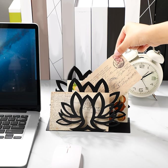 Lotus Desktop Mail Organizer Lotus Shaped Mail Holder Countertop Black Metal - Image 4