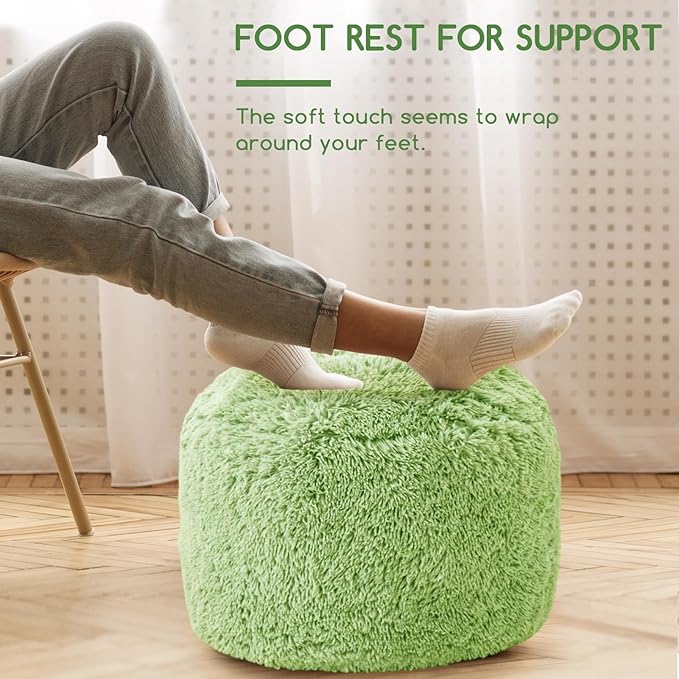 HIGOGOGO Round Stuffed Pouf Ottoman, Long Faux Fur Poufs with Foam Chunk Filling, Fluffy and Furry Pouf Foot Stool Storage Ottoman, 20 X 15 Floor Poufs Foot Rest for Living Room, Green-DeskLoop Office