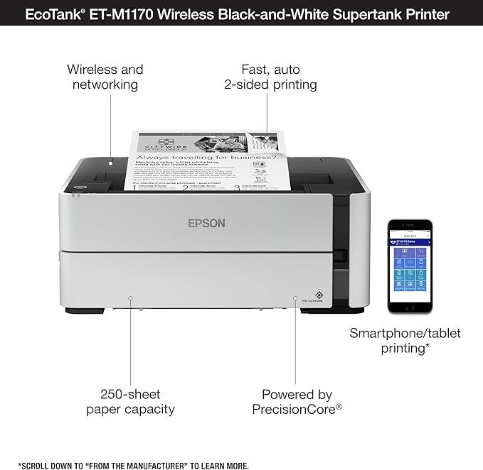 Epson EcoTank ET-4800 Wireless All-in-One Cartridge-Free Supertank Printer & EcoTank ET-M1170 Wireless Monochrome Supertank Printer with Ethernet Plus 2 Years of Unlimited Ink*,White-DeskLoop Office