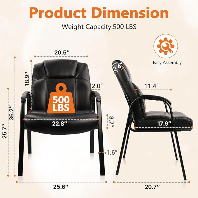 CLATINA Big & Tall 500 lb. Guest Chair, Leather Reception Chairs with Padded Arm Rest for Waiting Room Office Home and Meeting Conference-Black-DeskLoop Office