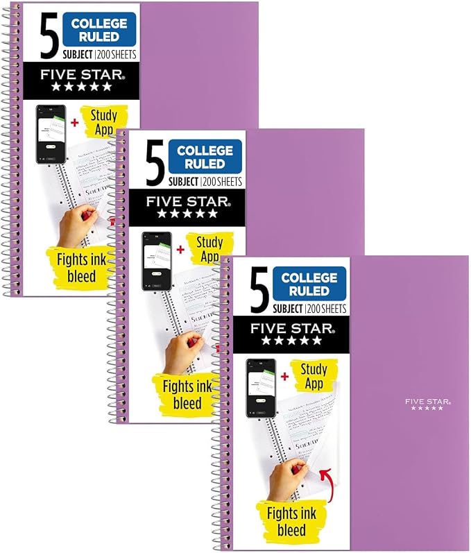Five Star Spiral Notebook + Study App, 5 Subject, College Ruled Paper, 8-1/2" x by FiveStar