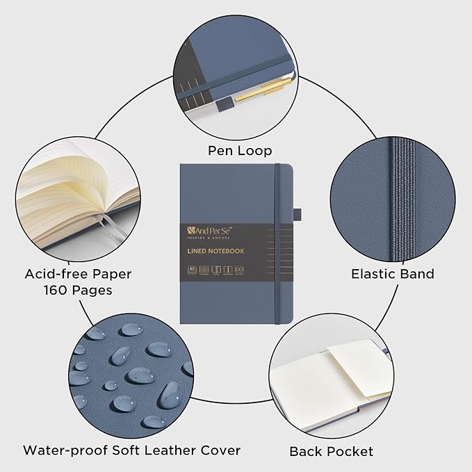 A5 Lined Leather Journal and Pen Set, Hardcover Notebook with Pen, 160 Pages 100gsm Thick Ruled Paper for for Women Men Work Business School or Home Writing, 5.7'' x 8'' (Dark Blue)-DeskLoop Office