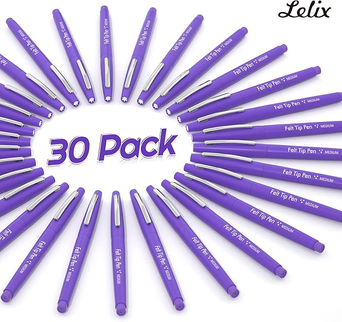 Lelix Felt Tip Pens, 30 Purple Pack, 0.7mm Medium Point, Felt Tip Markers Pens for Journaling, Writing, Note Taking, Planner, Perfect for School Office and Art Supplies-DeskLoop Office