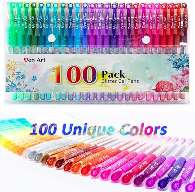 Glitter Gel Pens, 100 Color Glitter Pen Set for Making Cards, 30% More Ink Neon Glitter Gel Marker for Adult Coloring Books, Journaling Crafting Doodling Drawing-DeskLoop Office