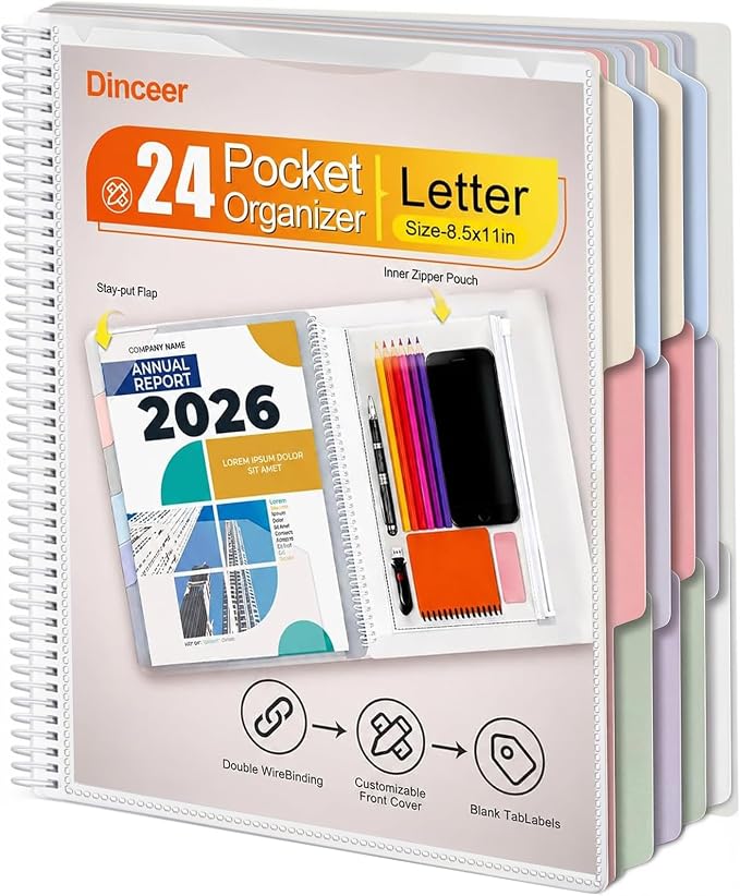 24 Pocket Spiral Project Organizer Folder, Morandi Color Multi Pocket Folder by Dinceer