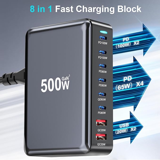 500W USB C Fast Charger Block, 8 Port USB Charging Station, GaN Ⅲ Pro Double 100W PD PPS Port Fast Charging Station for Multiple Devices,Laptop Wall Charger Compatible with MacBook/iPhone 16/iPad etc-DeskLoop Office