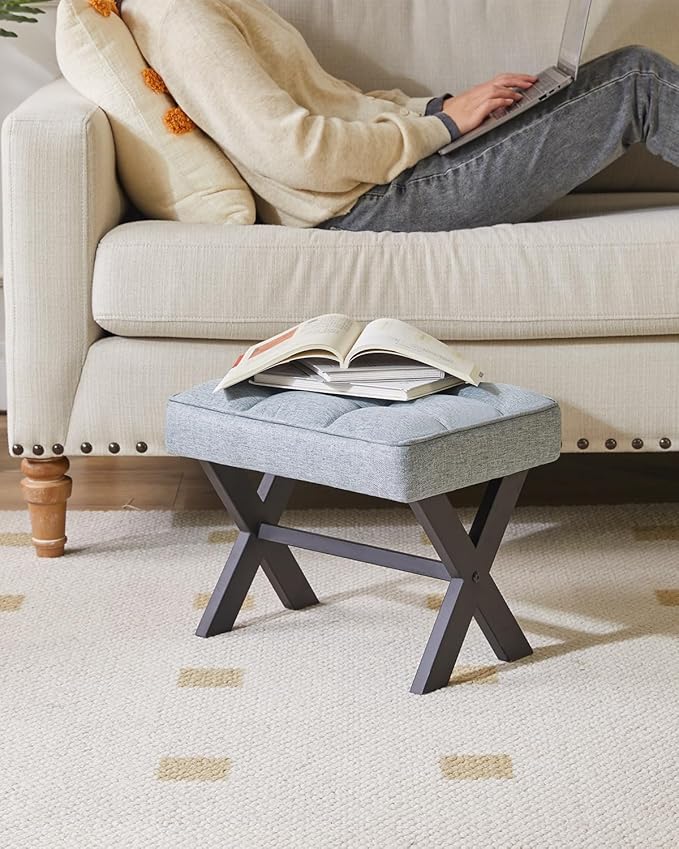 IBUYKE Small 12" H Footrest Stool, Square Linen Foot Stool with Metal X-Leg, Multi-Use as Small Side Table, Step Stool for Living Room, Bedroom, Entryway, Office, Blue Gray WBD011L-DeskLoop Office