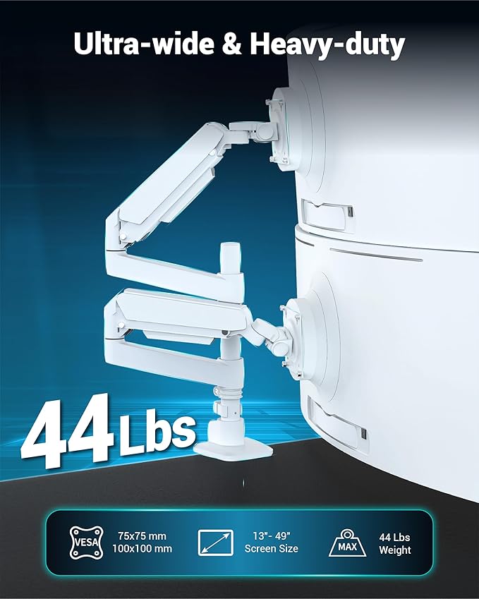 Dual Monitor Arm for 13-49 Inch Ultrawide Screens, Heavy Duty Monitor Mount for 2 Monitors up to 44lbs, Full Motion Vertical Stacked Dual Monitor Arm Desk Mount, 75/100mm VESA Mount, White-DeskLoop Office