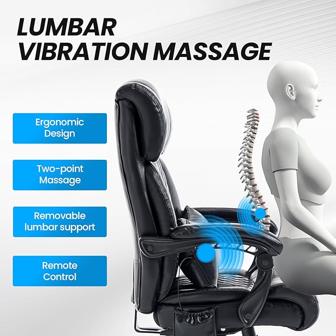 Lumbar Massage Office Chair, 500LBS Big and Tall Office Chair, Heavy Duty Ergonomic Executive Reclining Chair with High Back and Lumbar Support, Black-DeskLoop Office